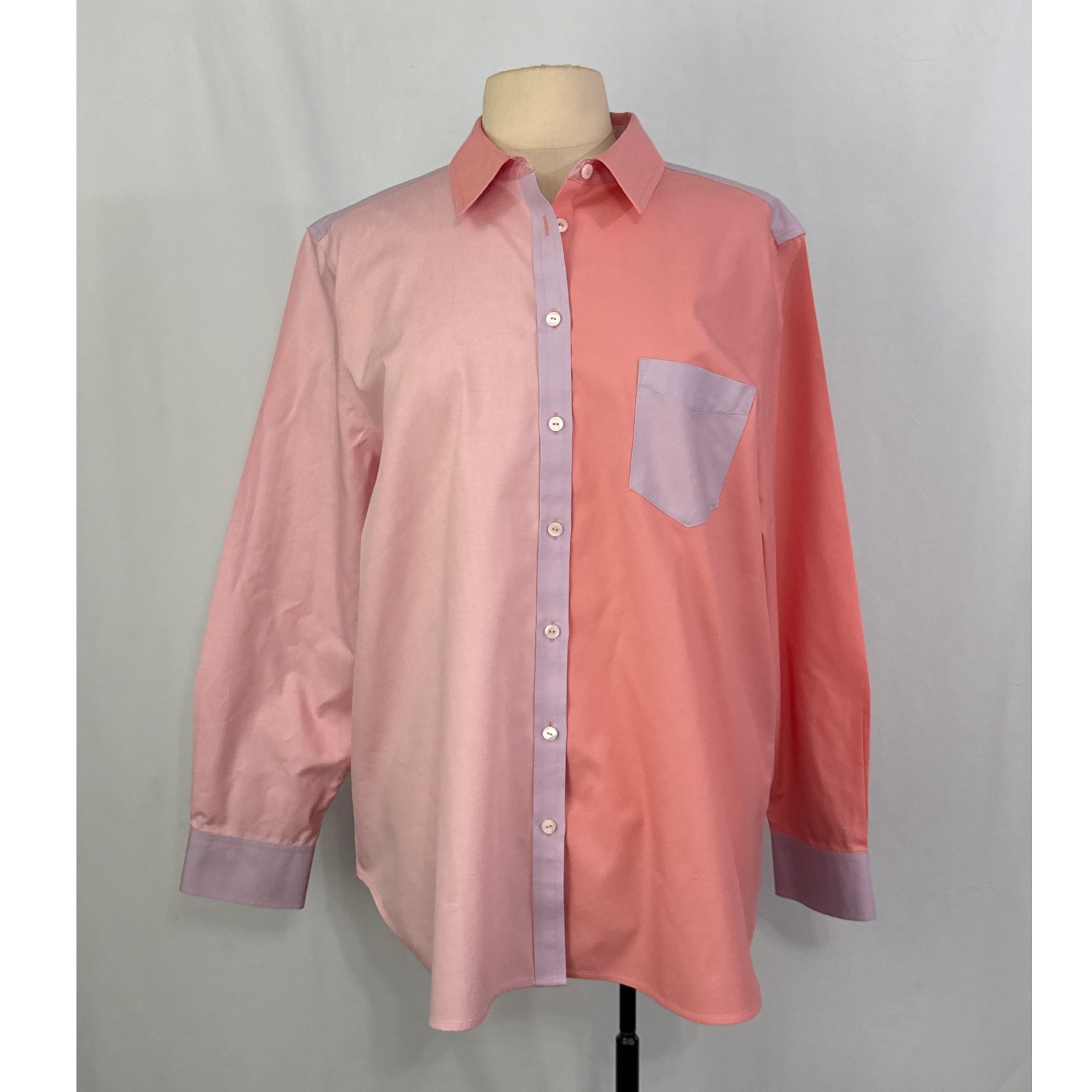 Foxcroft Womens 16 Non-Iron Cotton Colorblock Button Down Shirt Pink Lavender